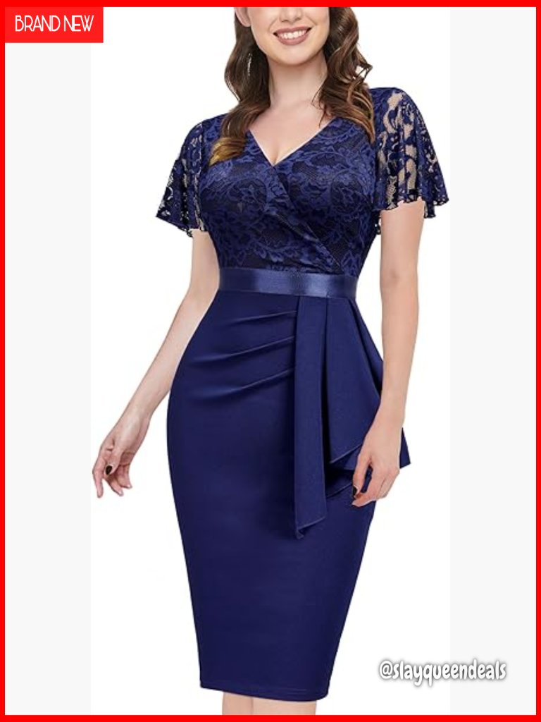 Floral Lace V Neck Ruffle Cocktail Dress Short Sleeve Knee Length